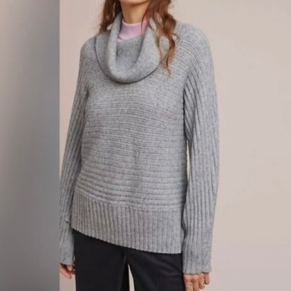 ANTHROPOLOGIE Moth Grey Ribbed Cowl Neck Sweater with Side Slits Size XS - Picture 1 of 4